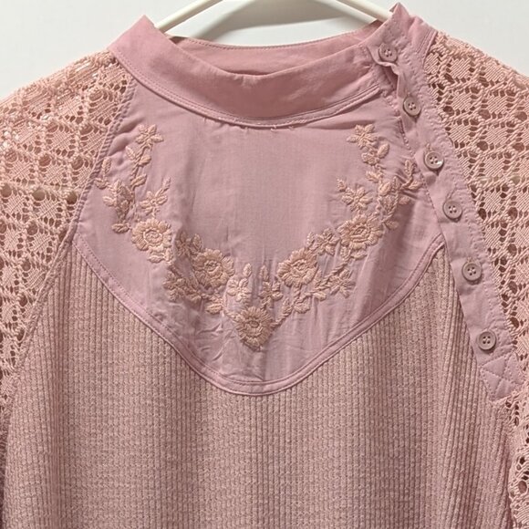 Free People Sweetest Thing Embroidered Thermal Top w/ Lace Sleeves in Blush Pink - Picture 7 of 16